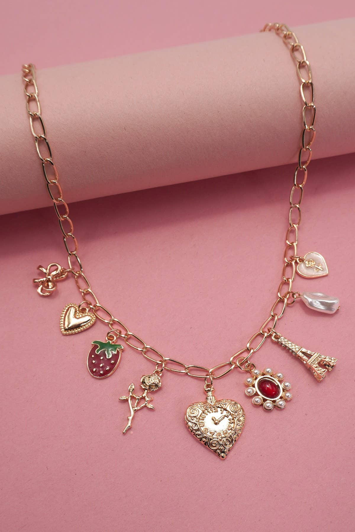 CHARM NECKLACE-HEART BOW ROSE STRAWBERRY EIFFEL