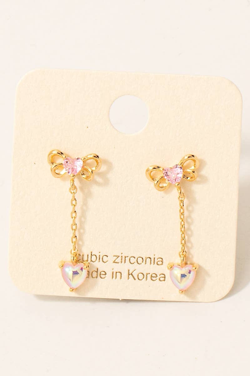Cz Bow And Iridescent Heart Chain Dangle Earrings