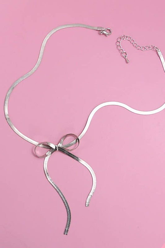 HERRINGBONE SNAKE CHAIN BOW NECKLACE-GOLD