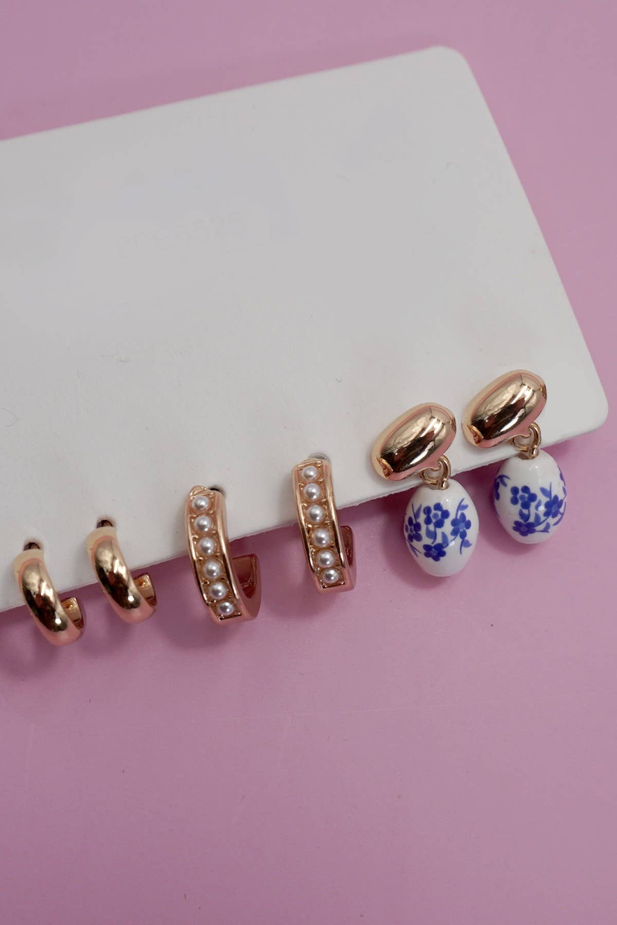 BLUE CERAMIC PORCELAIN TRIO HUGGIE HOOP EARRINGS 2