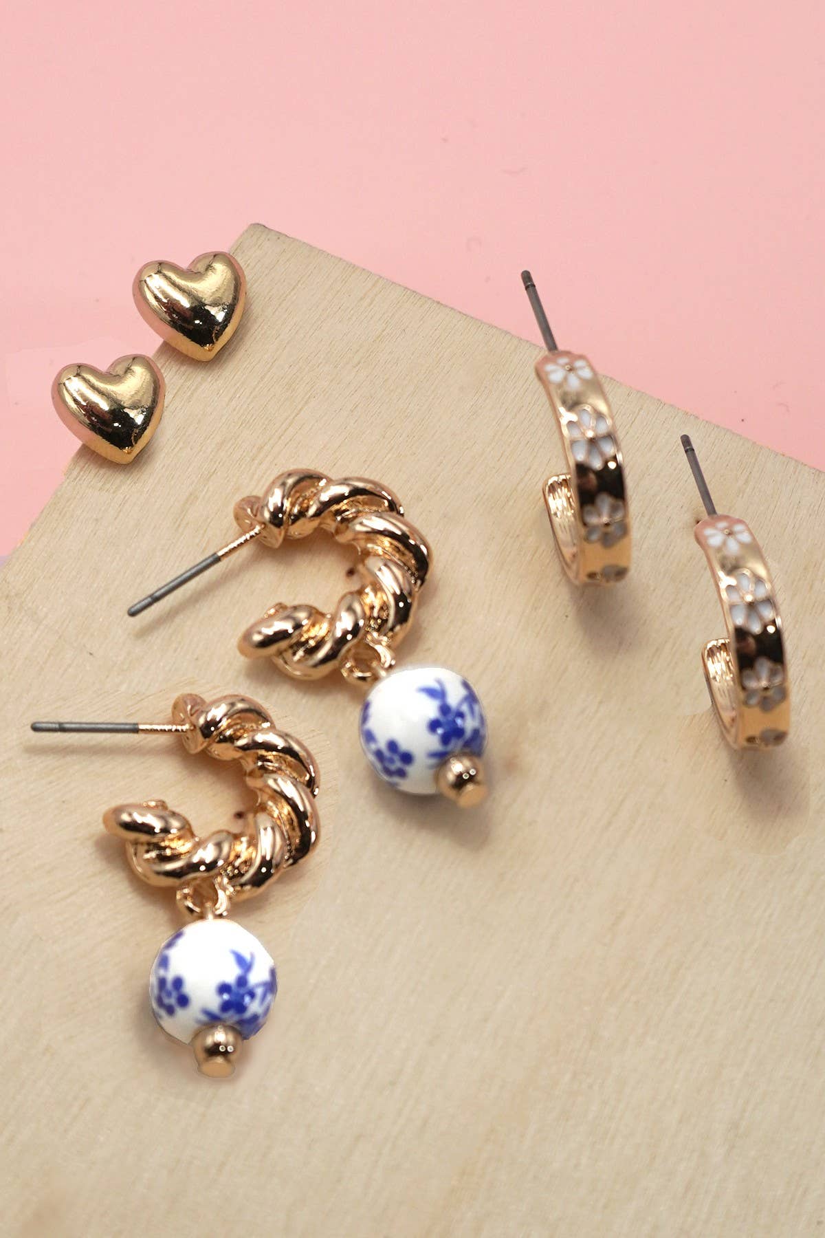 BLUE CERAMIC PORCELAIN TRIO HUGGIE HOOP EARRINGS 1