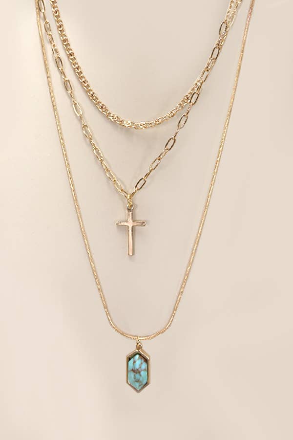 CROSS STONE MULTI LAYER CHAIN NECKLACE
