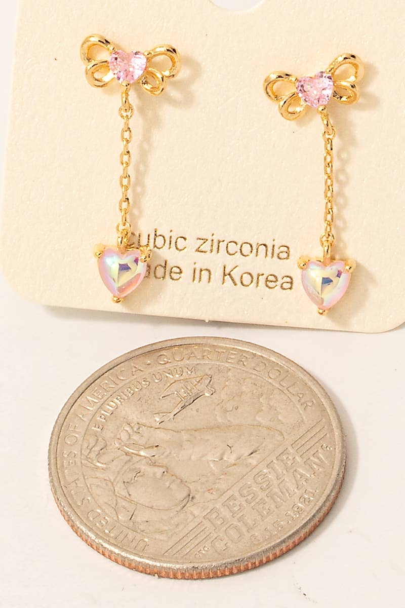 Cz Bow And Iridescent Heart Chain Dangle Earrings