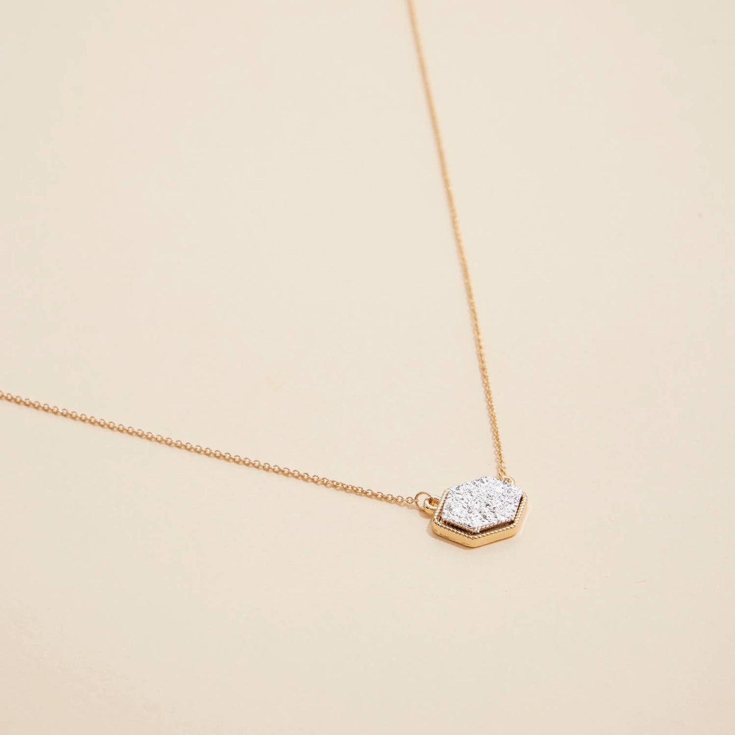 Hexagon Druzy Stone Charm Short Necklace