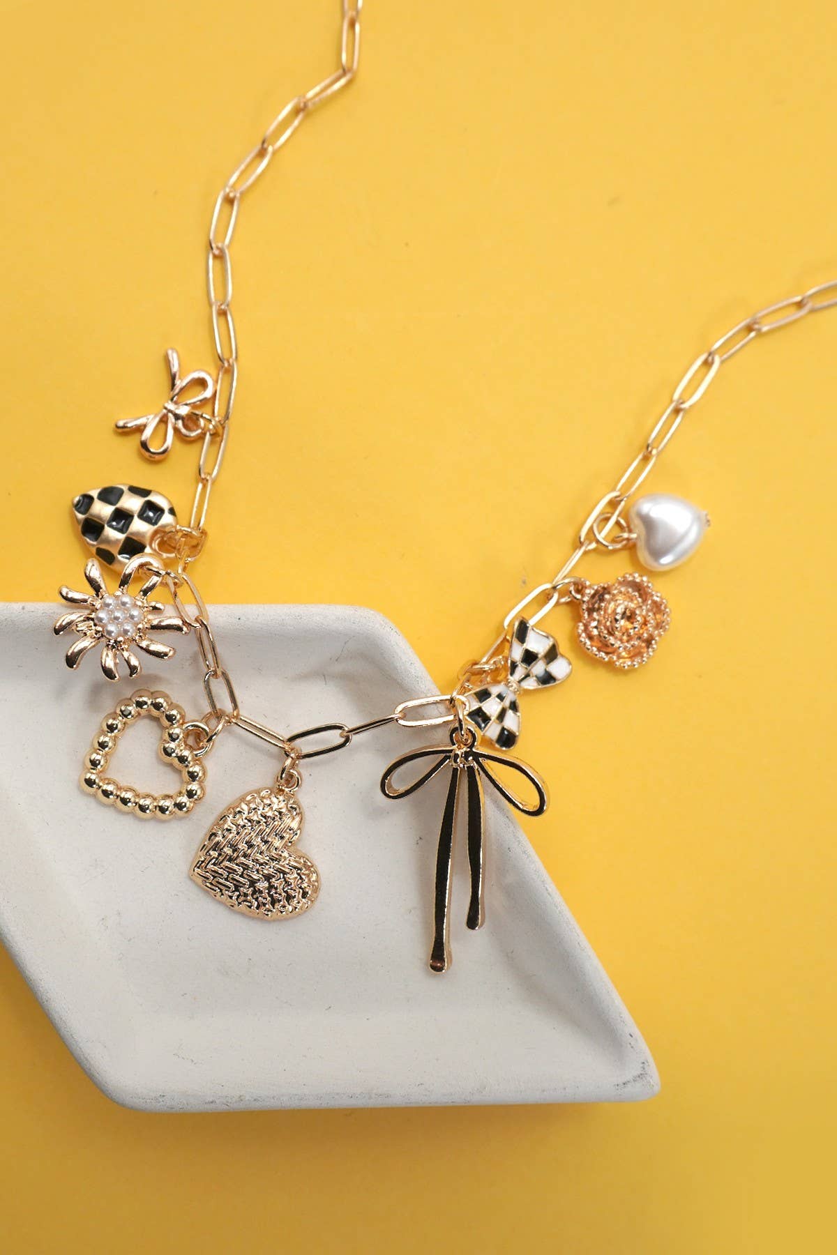Bow Checker Heart Charm Necklace