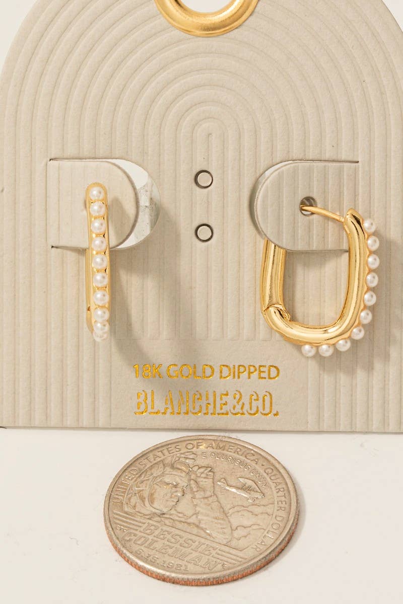 Gold Dipped Pearl Studded Rectangle Hoop Earrings