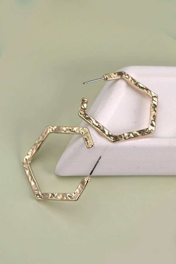 HAMMERED HEXAHON HOOP EARRINGS