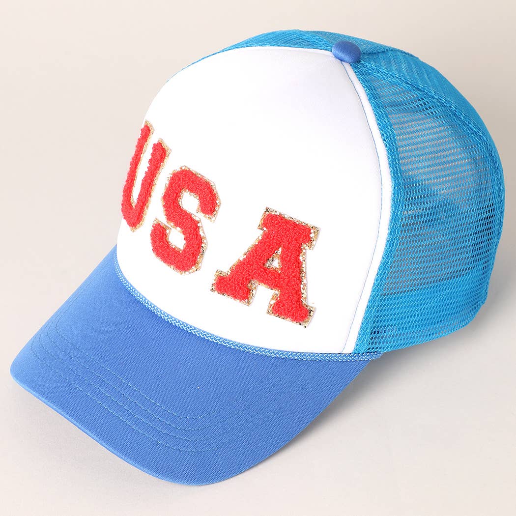 USA Chenille Patched Trucker Hat Panel with Lining