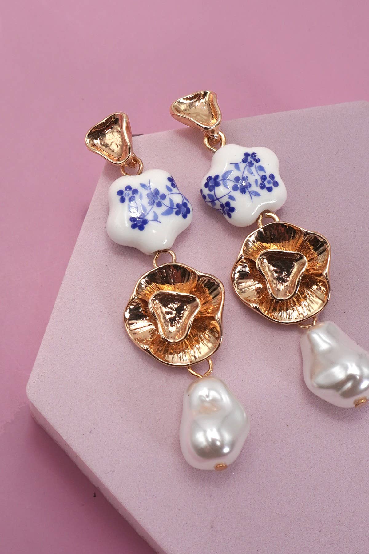 BLUE CERAMIC PORCELAIN GOLD PEARL DROP EARRINGS