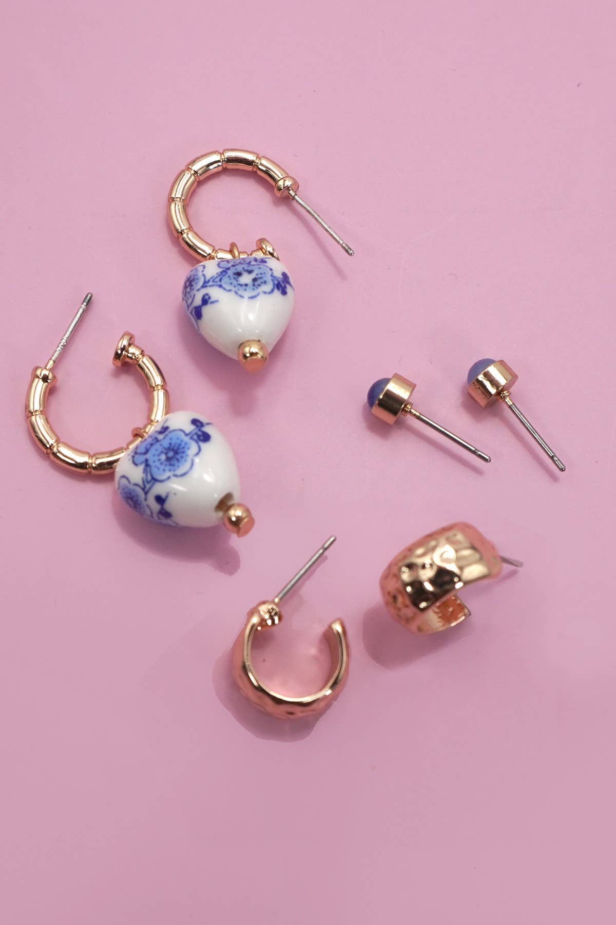 BLUE CERAMIC PORCELAIN TRIO HUGGIE HOOP EARRINGS 3