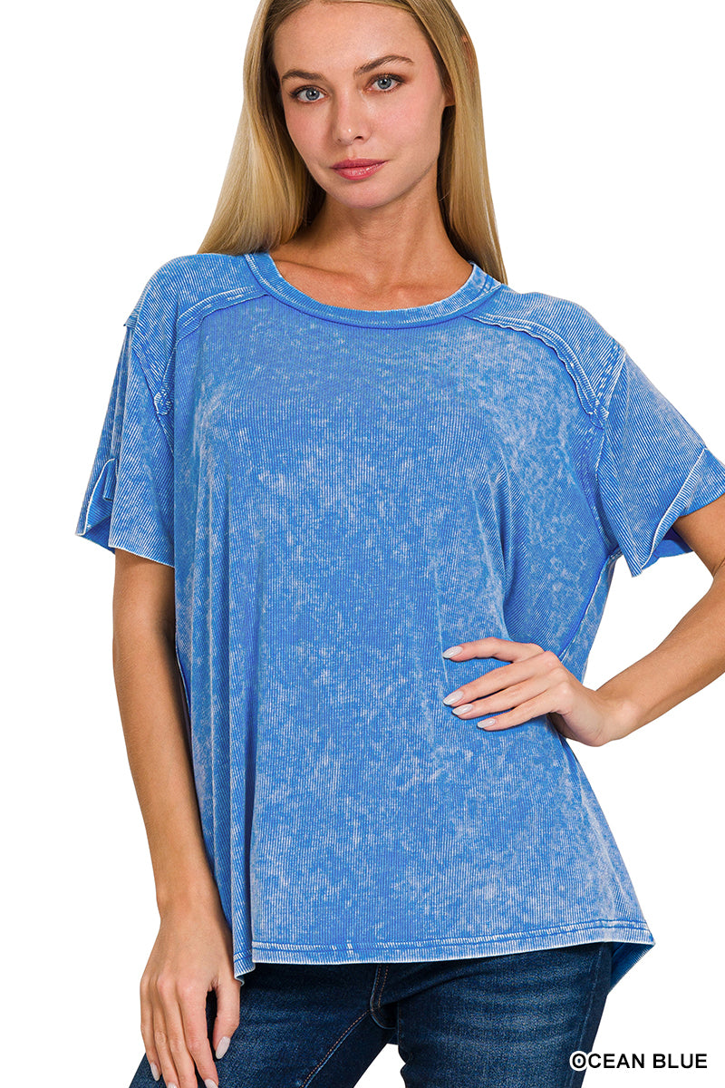 RIBBED SHORT SLEEVE BOAT-NECK TOP