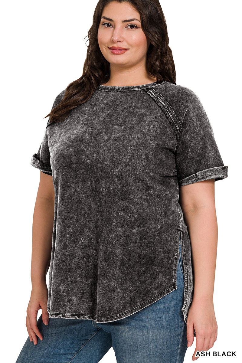 PLUS TERRY ACID WASH RAGLAN SHORTSLEEVE PULLOVER