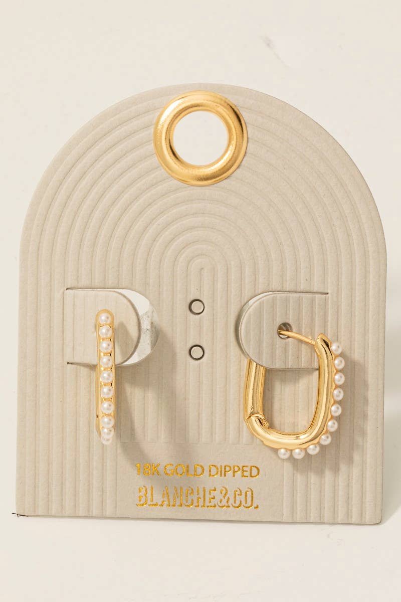 Gold Dipped Pearl Studded Rectangle Hoop Earrings