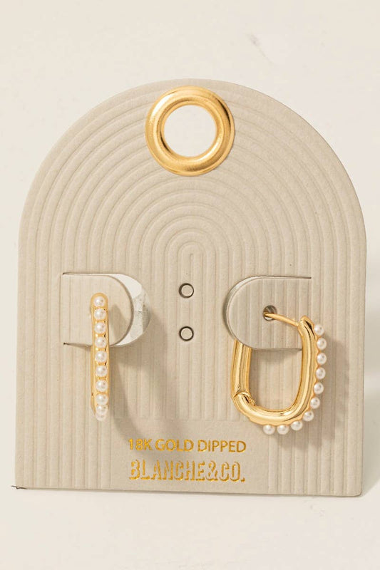 Gold Dipped Pearl Studded Rectangle Hoop Earrings