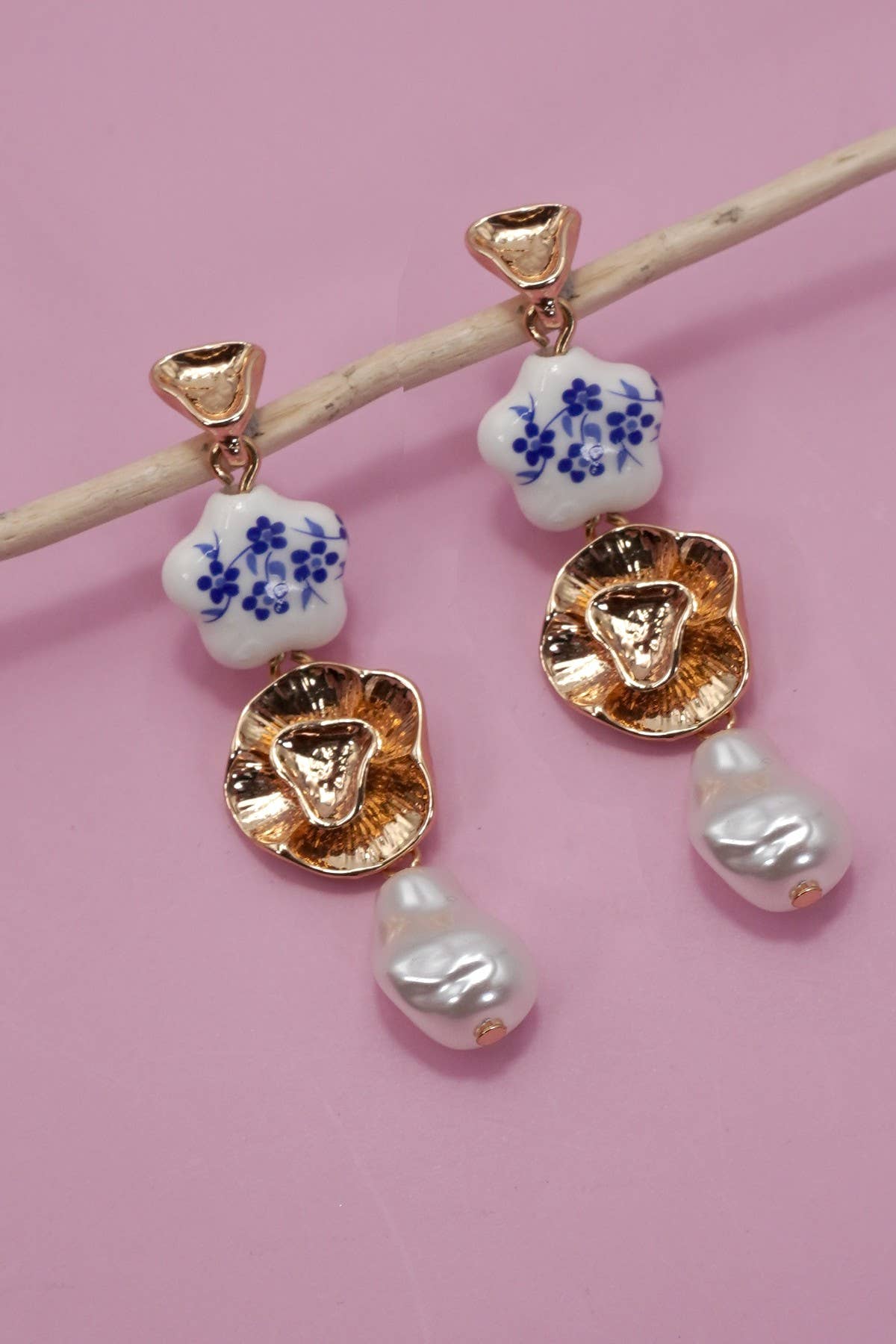 BLUE CERAMIC PORCELAIN GOLD PEARL DROP EARRINGS