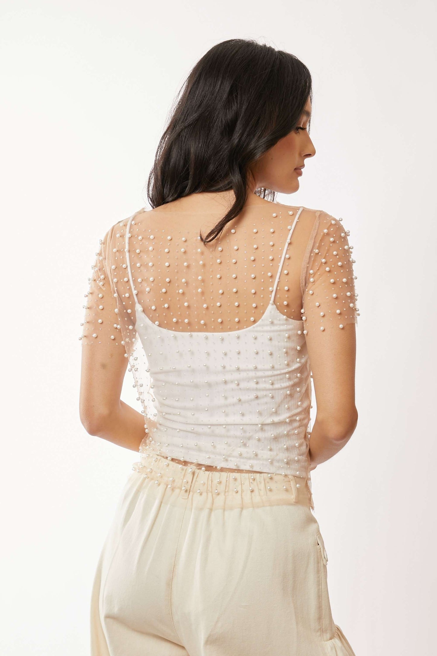 Pearl Mesh Short Sleeve Top