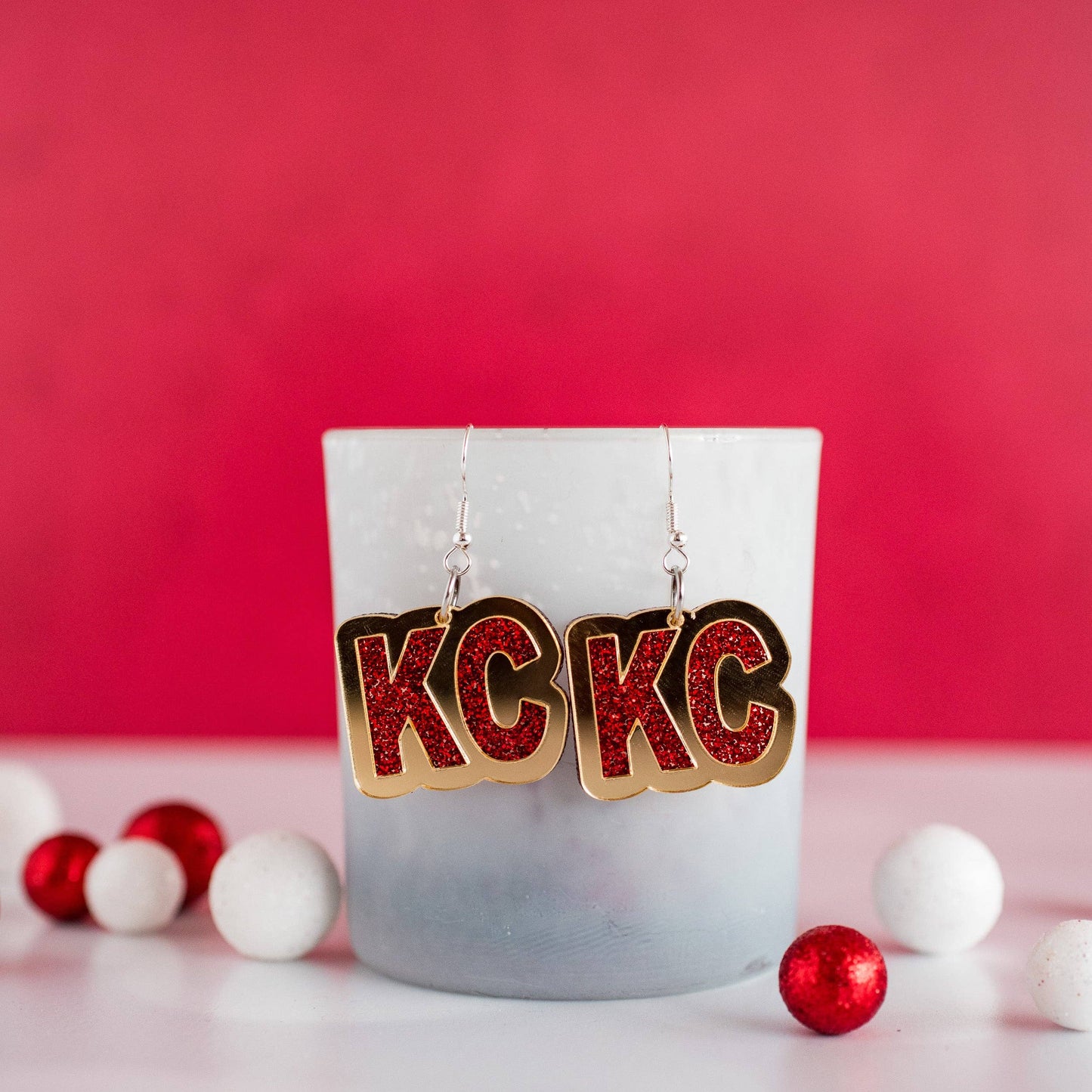 Red Glitter & Gold Mirror KC Dangles - Kansas City Football