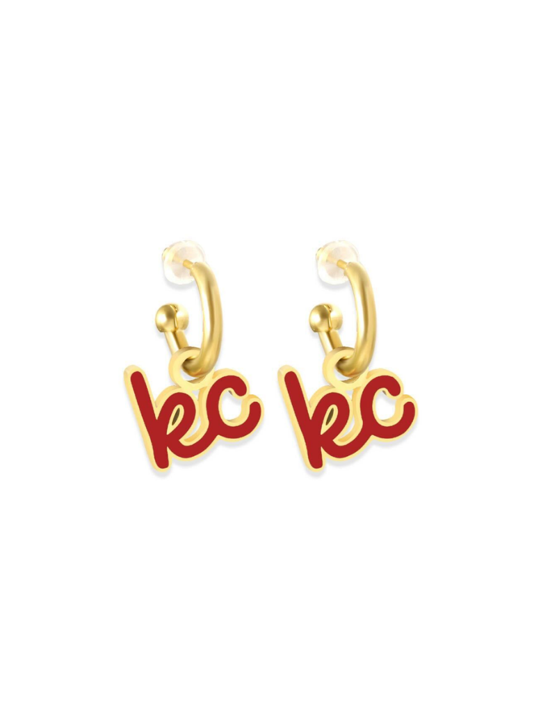 Kansas City Red Script Charm Huggie Hoop Earrings