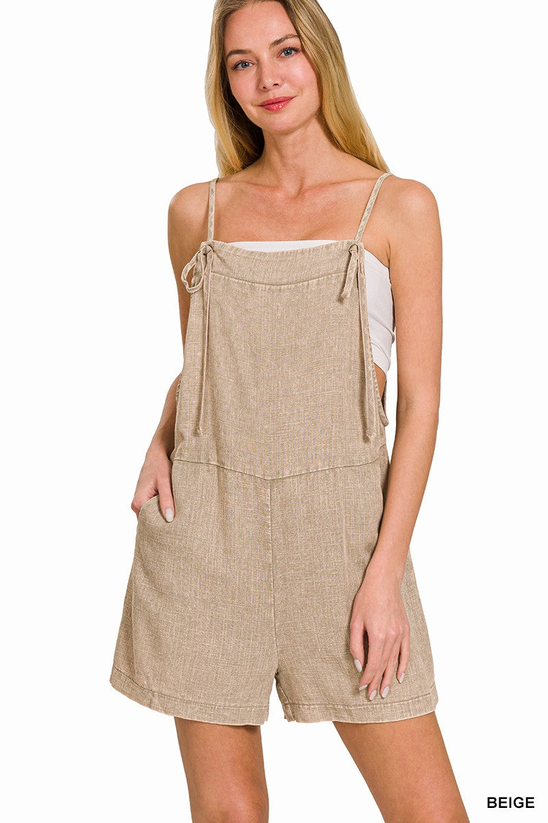 WASHED LINEN KNOT STRAP ROMPERS