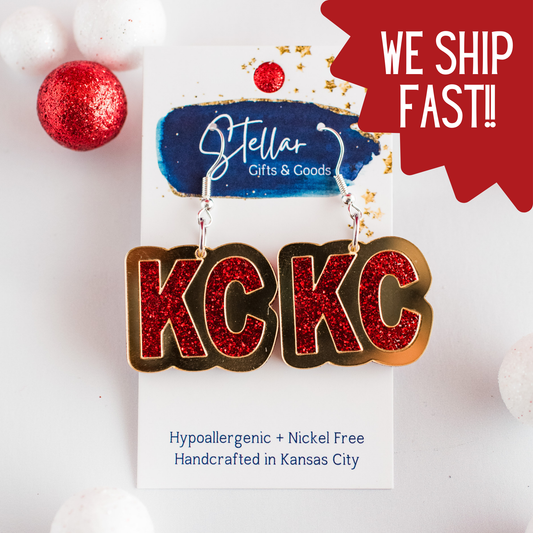 Red Glitter & Gold Mirror KC Dangles - Kansas City Football