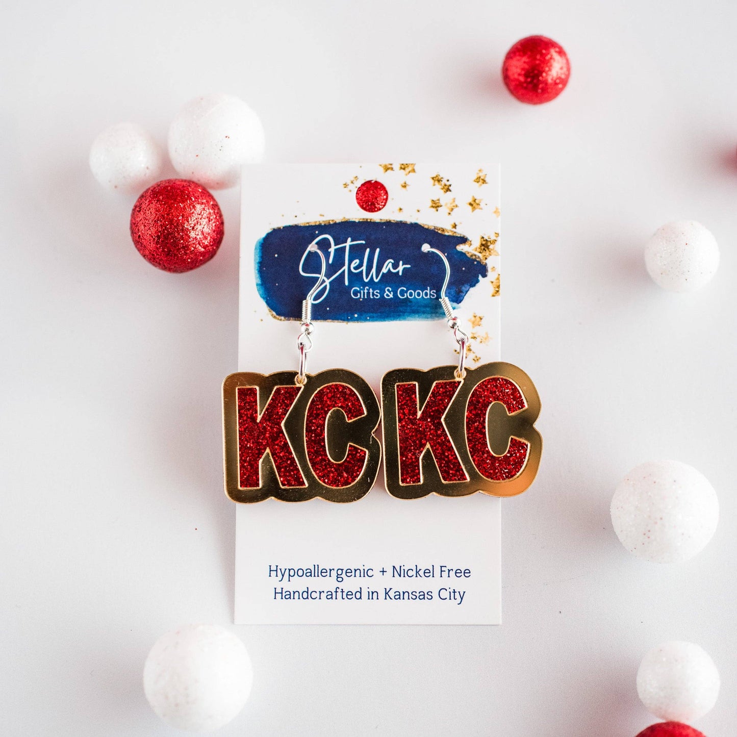 Red Glitter & Gold Mirror KC Dangles - Kansas City Football