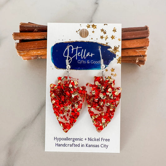 Red & Gold Glitter Arrowhead Dangle Earrings