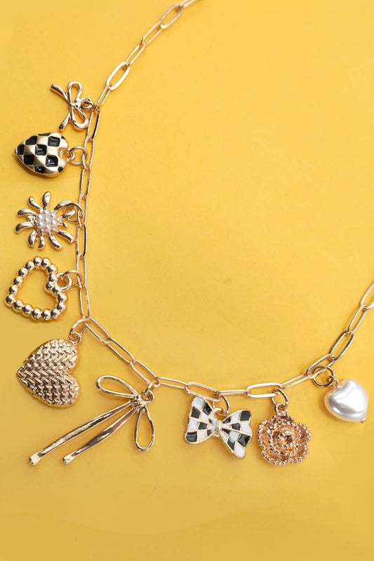 Bow Checker Heart Charm Necklace