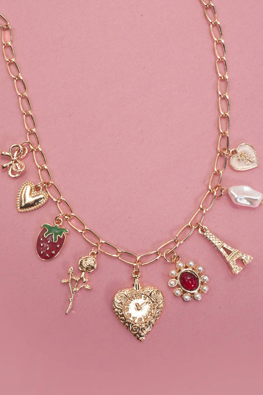 CHARM NECKLACE-HEART BOW ROSE STRAWBERRY EIFFEL